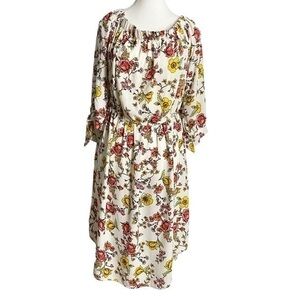Love J Off Shoulder White with Pink and Yellow Floral Midi Dress